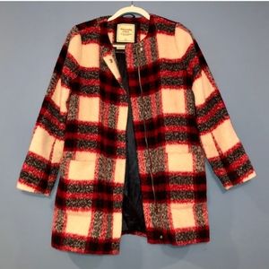 Plaid heritage wool collarless A-line coat